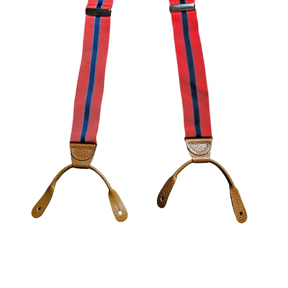 Brooks Brothers Mens Stripe Suspenders Red Blue Leather Accent Adjustable Dapper - Picture 3 of 4